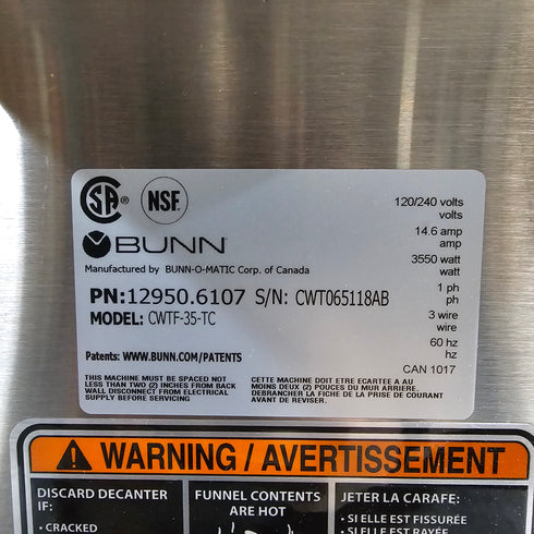 BUNN 12950.6107 CWTF35-TC Thermal Carafe Coffee Brewer with Faucet, 120V, Unit 2, SCRATCH & DENT FINAL SALE