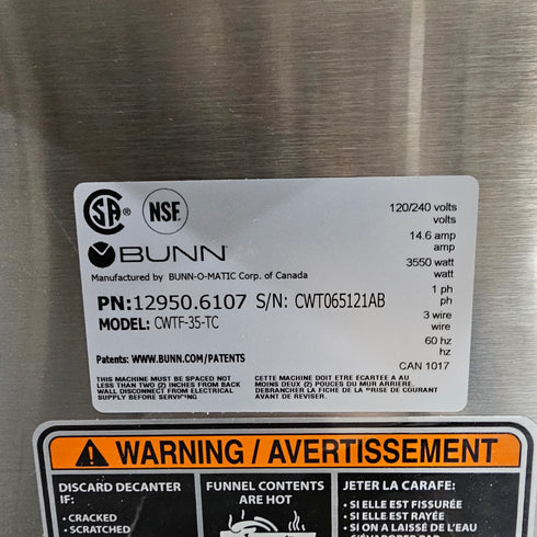 BUNN 12950.6107 CWTF35-TC Thermal Carafe Coffee Brewer with Faucet, 120V, Unit 4, SCRATCH & DENT FINAL SALE