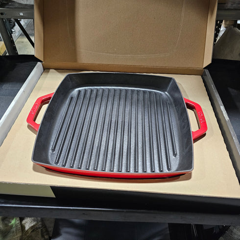 Staub Double Handle Square Grill Pan, 13", Cast Iron/Red Enamel, SCRATCH & DENT FINAL SALE