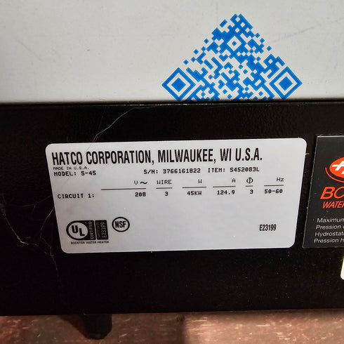 Hatco S-45 Electric Water Heater Booster for Commercial Dishwasher, 208/60/3, SCRATCH & DENT FINAL SALE