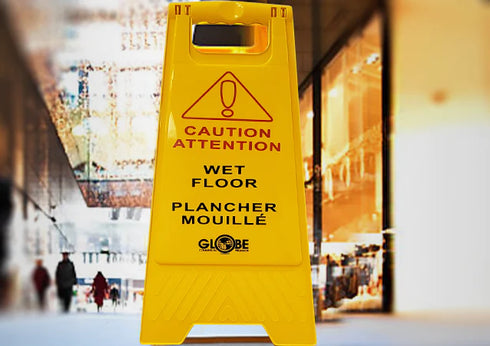 Globe Caution Wet Floor Sign, Two Sided, Bilingual, Yellow