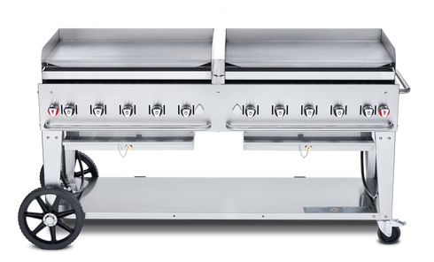 Couronne Vérité | Plaque chauffante à gaz mobile de 72 po avec 2 plaques de 36 po, bacs à graisse et dosserets, acier inoxydable