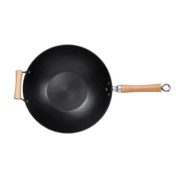 Joyce Chen Professional Series Flat Bottom Wok, 14", Cast Iron/Maple