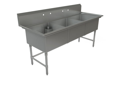 Tarrison TA-CDS315-KIT Triple Compartment Corner Drain Sink, 18" x 15" x 13" Bowl Size, Stainless Steel