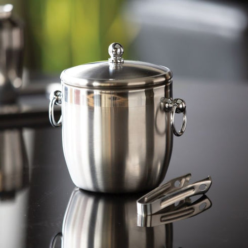 Service Ideas Round Double Wall Ice Bucket with Lid & Tongs, 1.3 L, Stainess Steel