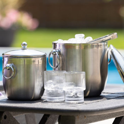 Service Ideas Round Double Wall Ice Bucket with Lid & Tongs, 1.3 L, Stainess Steel