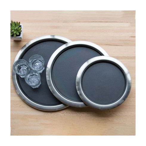 Service Ideas Round Serving Tray with Removable Non-Slip Insert, Stainless Steel/Black