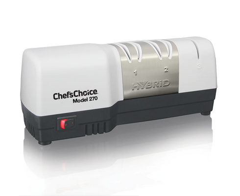 Chef'sChoice Model 270 Hybrid Electric/Manual Knife Sharpener, 3 Stages, 20 Degree Edges, White, 120V