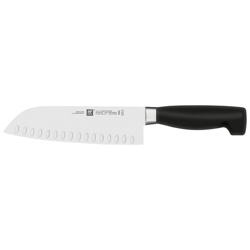 Zwilling Four Star Santoku Knife, Granton Edge, 7", Black