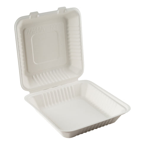 Éco-Emballage | Contenant à clapet compostable en canne à sucre, grand carré, blanc (paquet de 200)