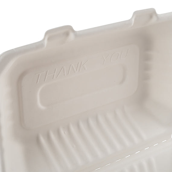 Eco-Packaging Compostable Sugarcane Clamshell Container, Heavy Duty, 9" x 6", White (200-pack)