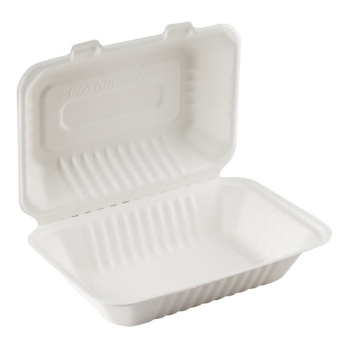 Eco-Packaging Compostable Sugarcane Clamshell Container, Heavy Duty, 9" x 6", White (200-pack)