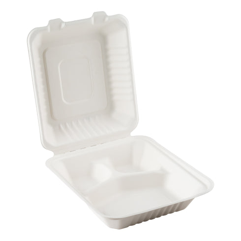 Éco-Emballage | Coque compostable en canne à sucre à 3 compartiments, blanche (paquet de 200)