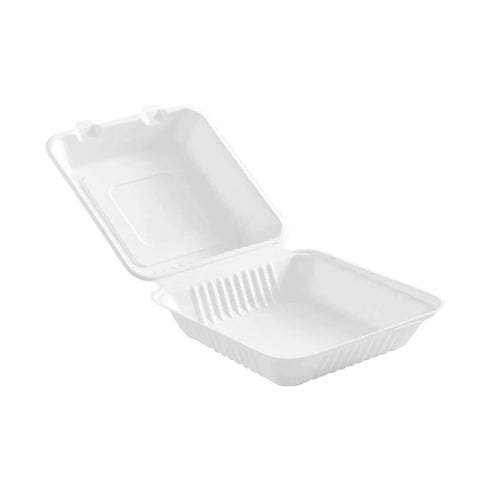 Globe Compostable Hinged Clamshell Containers, White, Sugarcane (200-pack)