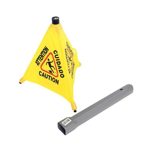 Globe Pop-Up Safety Cone with Storage Tube, Trilingual, Yellow