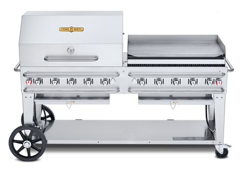 Couronne Vérité | Gril à gaz de location Pro Series de 72 po avec barres de protection, dôme en rouleau de 36 po et support à petits pains, plaque chauffante de 36 po