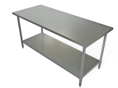 Garnison | Table de travail avec tablette inférieure, pieds sphériques réglables, dessus en acier inoxydable